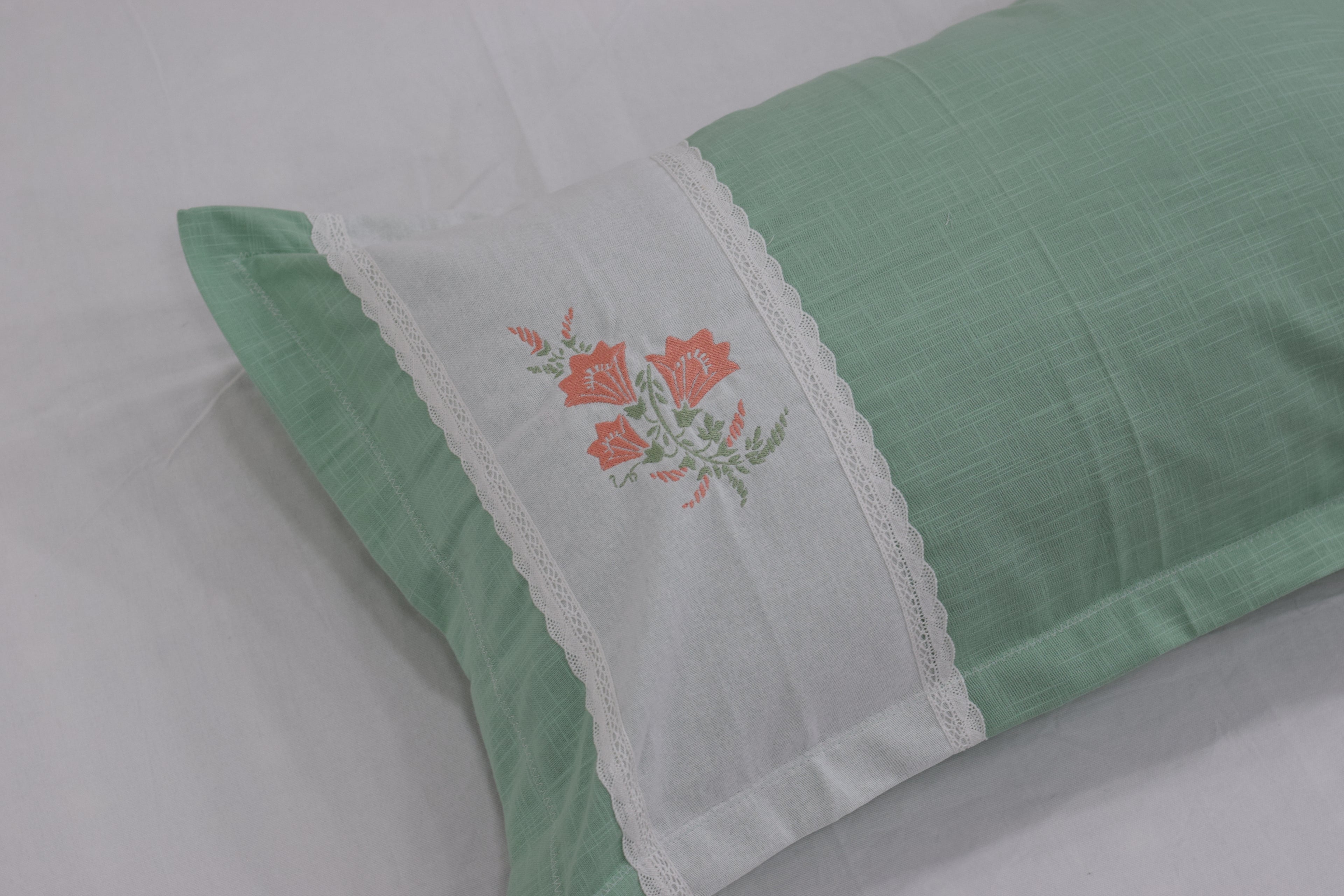 Sage Green Embroidered King Size Bedspread Set with Floral Lace Panel