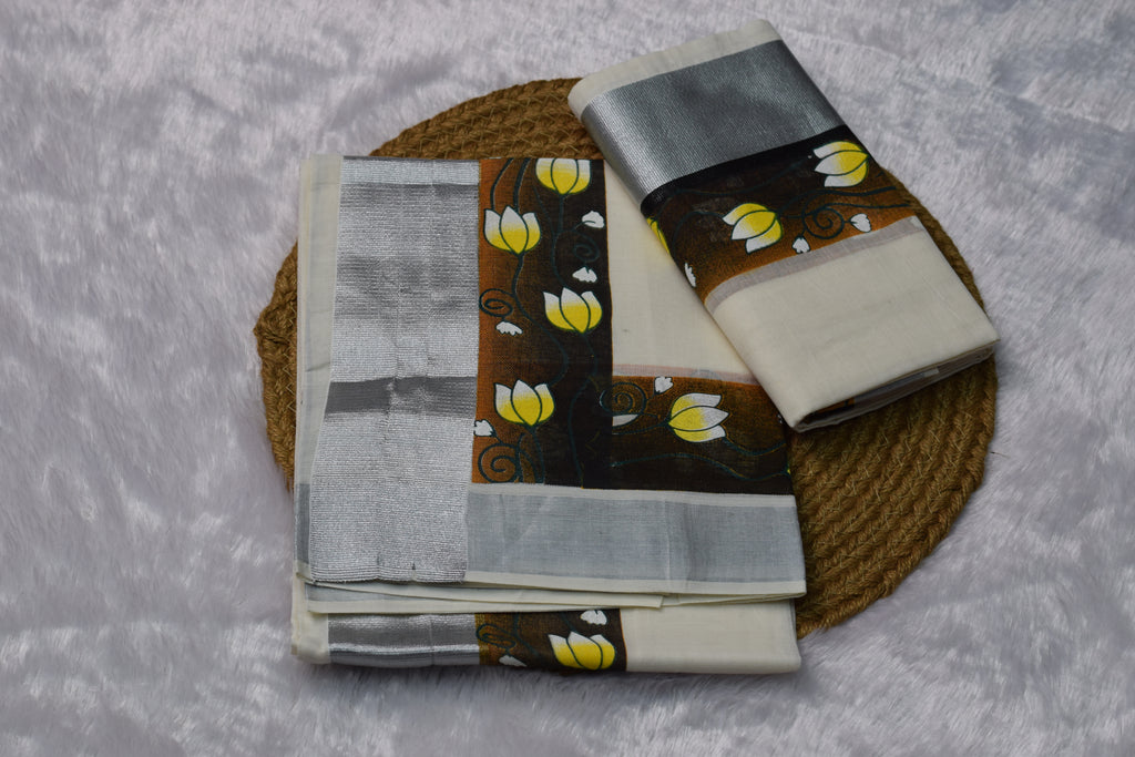 Off-White set mundu with Silver Zari Border & Floral Printed - View 2 - Floral Printed - Nushio