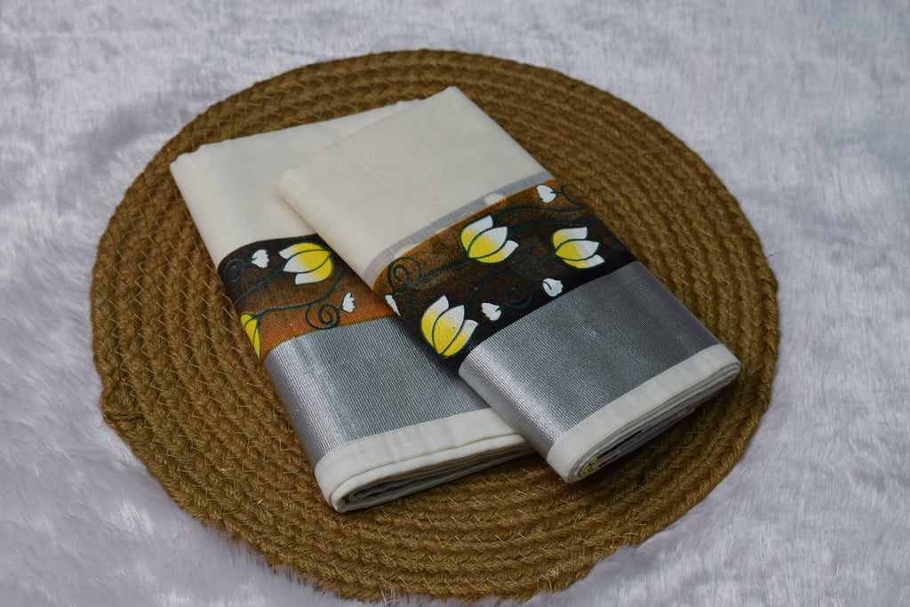 Off-White set mundu with Silver Zari Border & Floral Printed