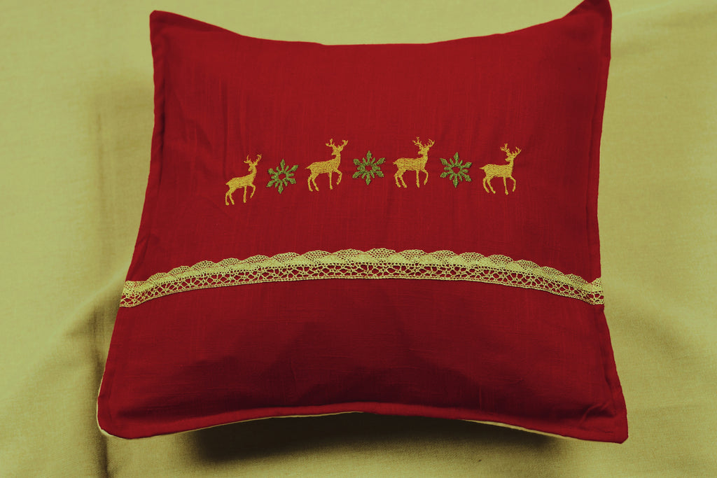 Red Decorative Cushion Cover with Gold Deer & Floral Embroidery – 16×16 Inch