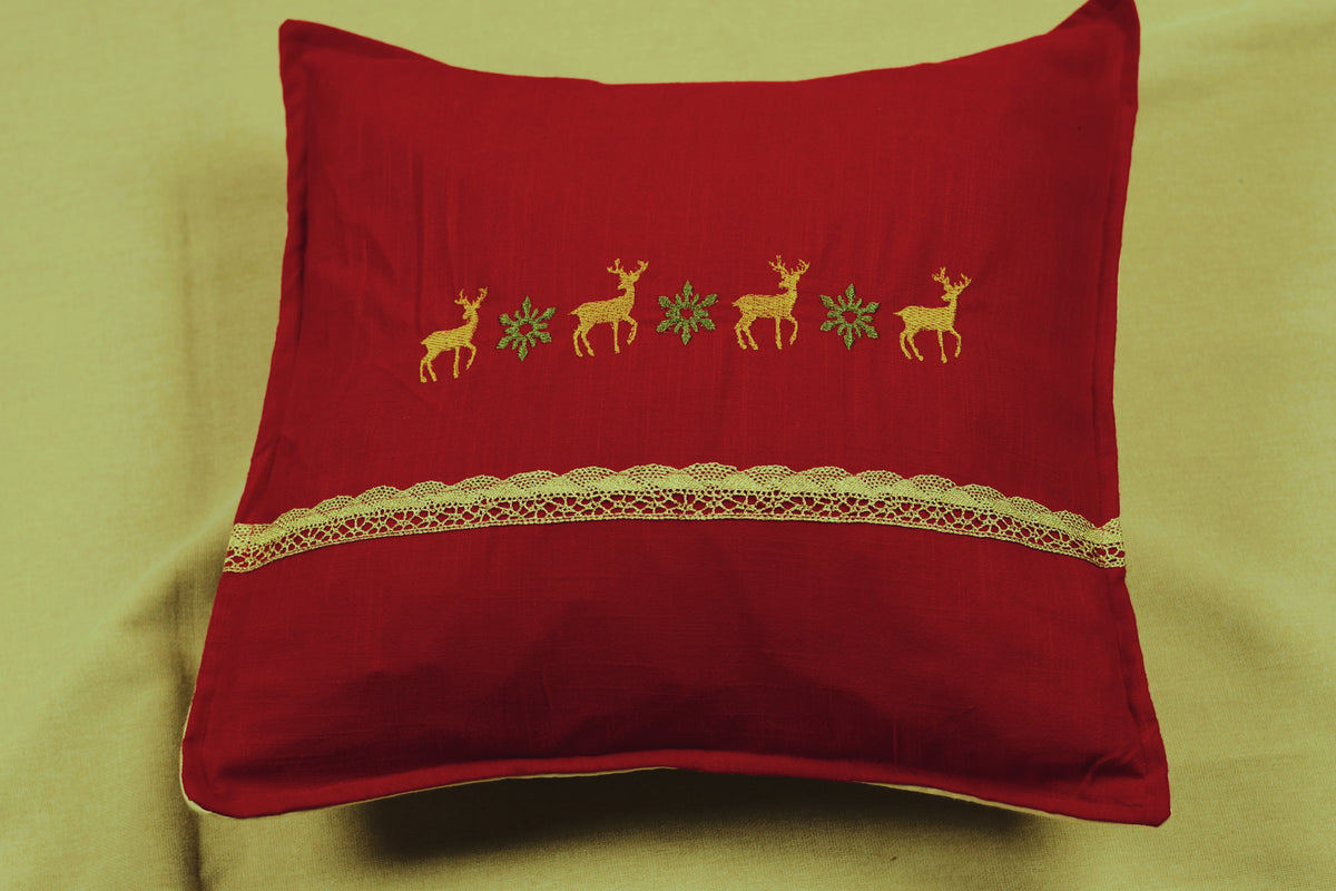 Red Decorative Cushion Cover with Gold Deer & Floral Embroidery – 16×16 Inch