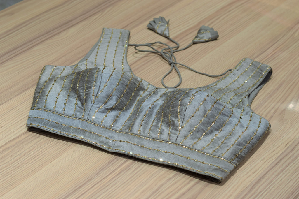 Silver Grey Semi-Silk Padded Readymade Saree Blouse with Gold Sequin Strips & Dori Tie-Up (Sleeve Material Included)