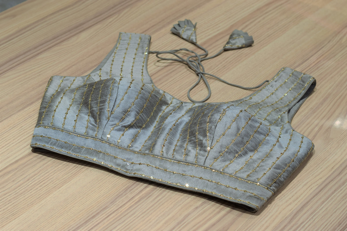Silver Grey Semi-Silk Padded Readymade Saree Blouse with Gold Sequin Strips & Dori Tie-Up (Sleeve Material Included)