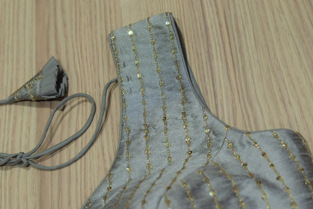 Silver Grey Semi-Silk Padded Readymade Saree Blouse with Gold Sequin Strips & Dori Tie-Up (Sleeve Material Included)