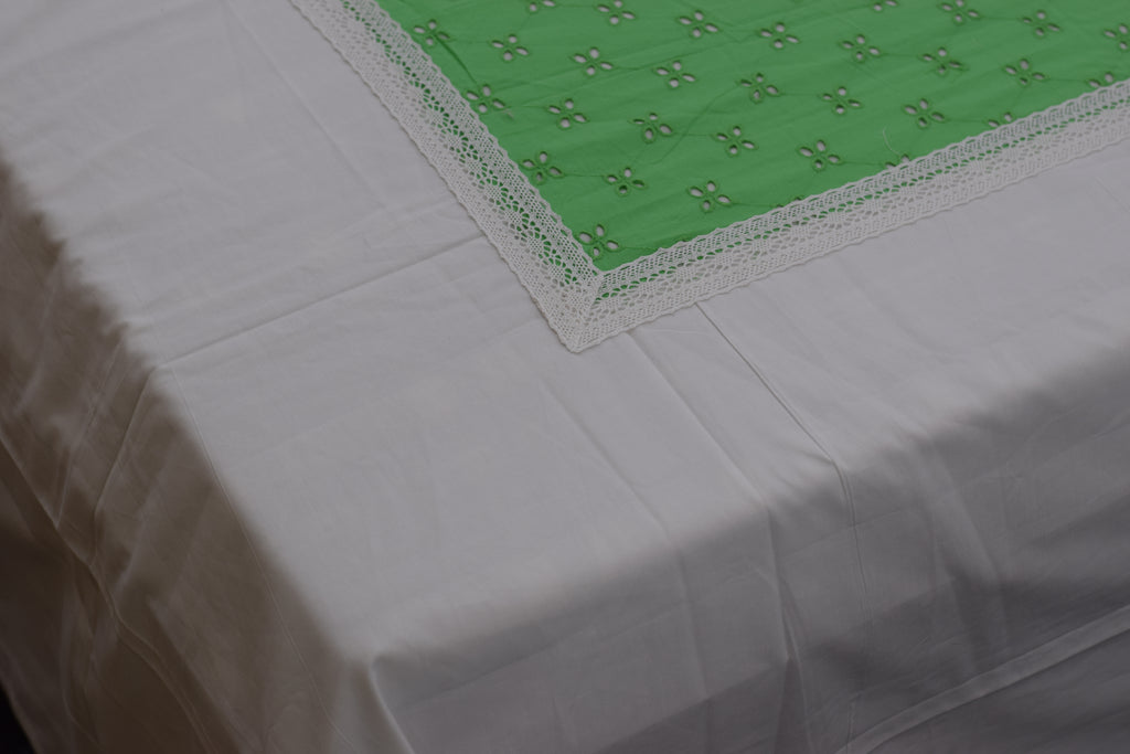 King Size White & Mint Green Cotton Bedspread Set with 2 Pillow Covers