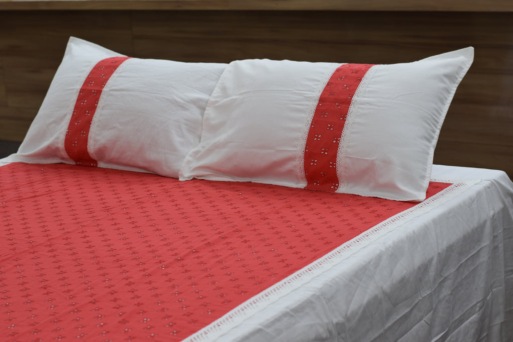 Luxury Red & White King Size Bedspread Set with Matching Pillow Covers