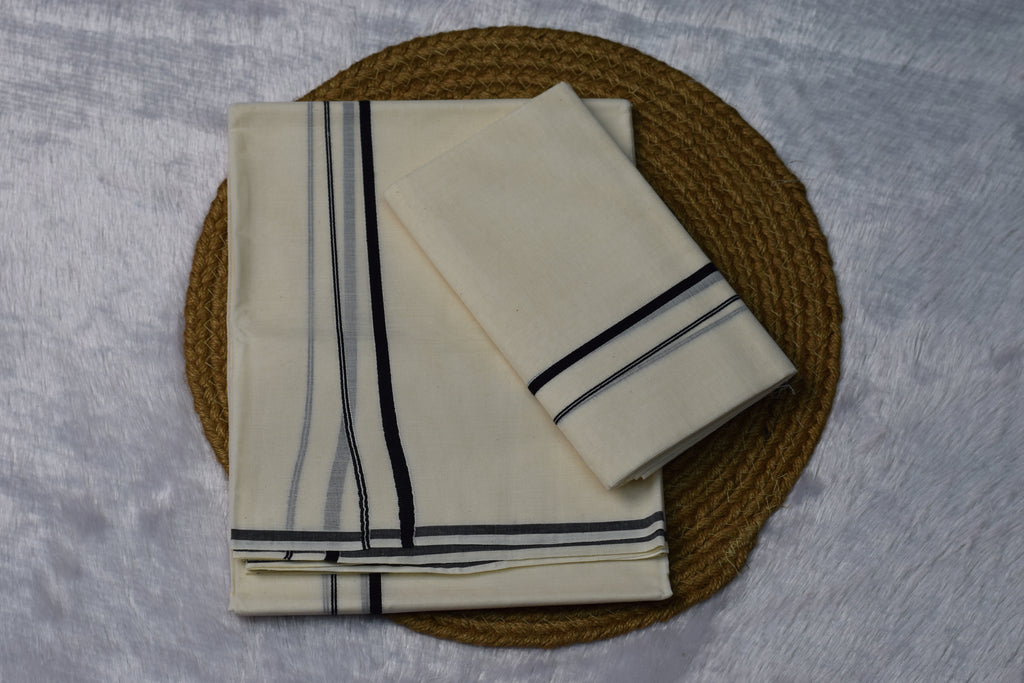 Kerala Cotton set mundu with Black Border - View 3 - Cotton - Nushio