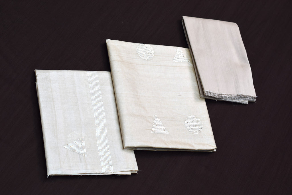 Elegant Beige Tussar Silk Churidar Material Set with Sequin Embroidery