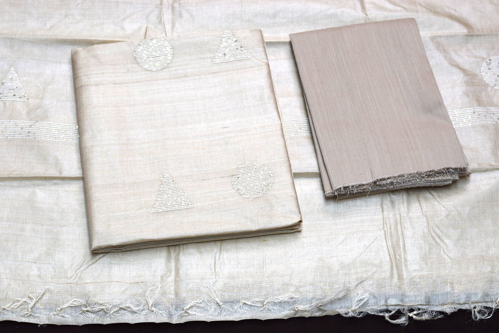 Elegant Beige Tussar Silk Churidar Material Set with Sequin Embroidery
