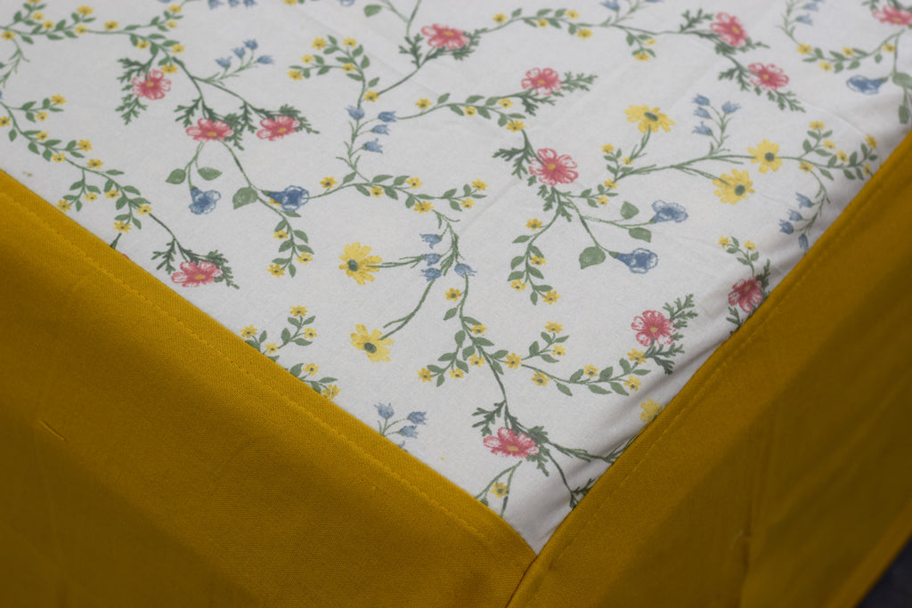 King Size Floral Vine Bedsheet Set with Mustard Border –  Elegant Bedding