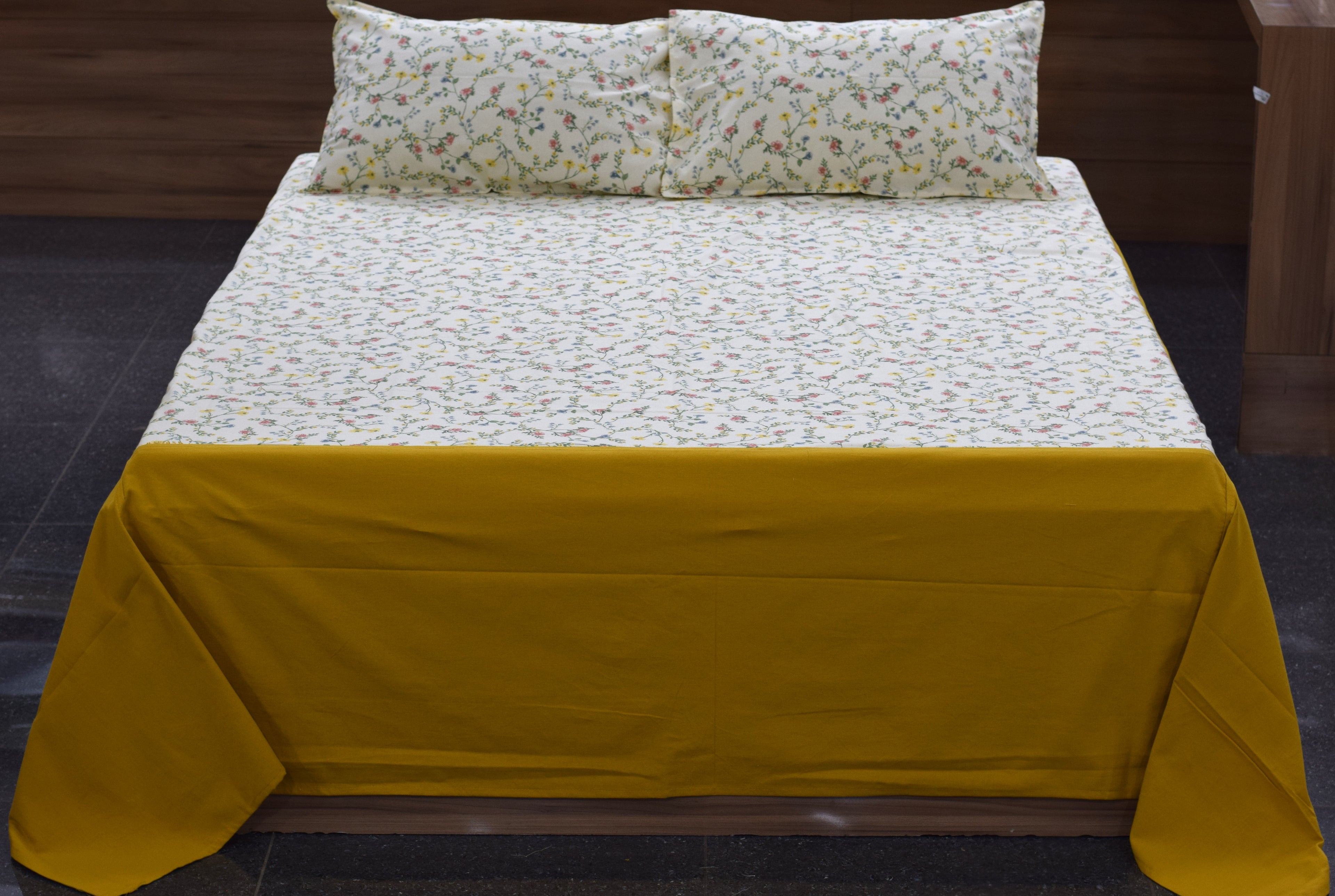 King Size Floral Vine Bedsheet Set with Mustard Border –  Elegant Bedding