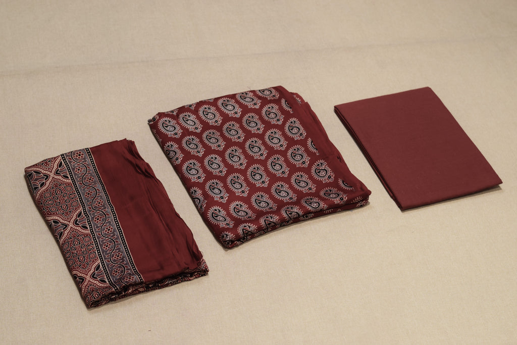 Maroon Modal Silk Printed Churidar Dress Material Set – Top, Bottom & Dupatta