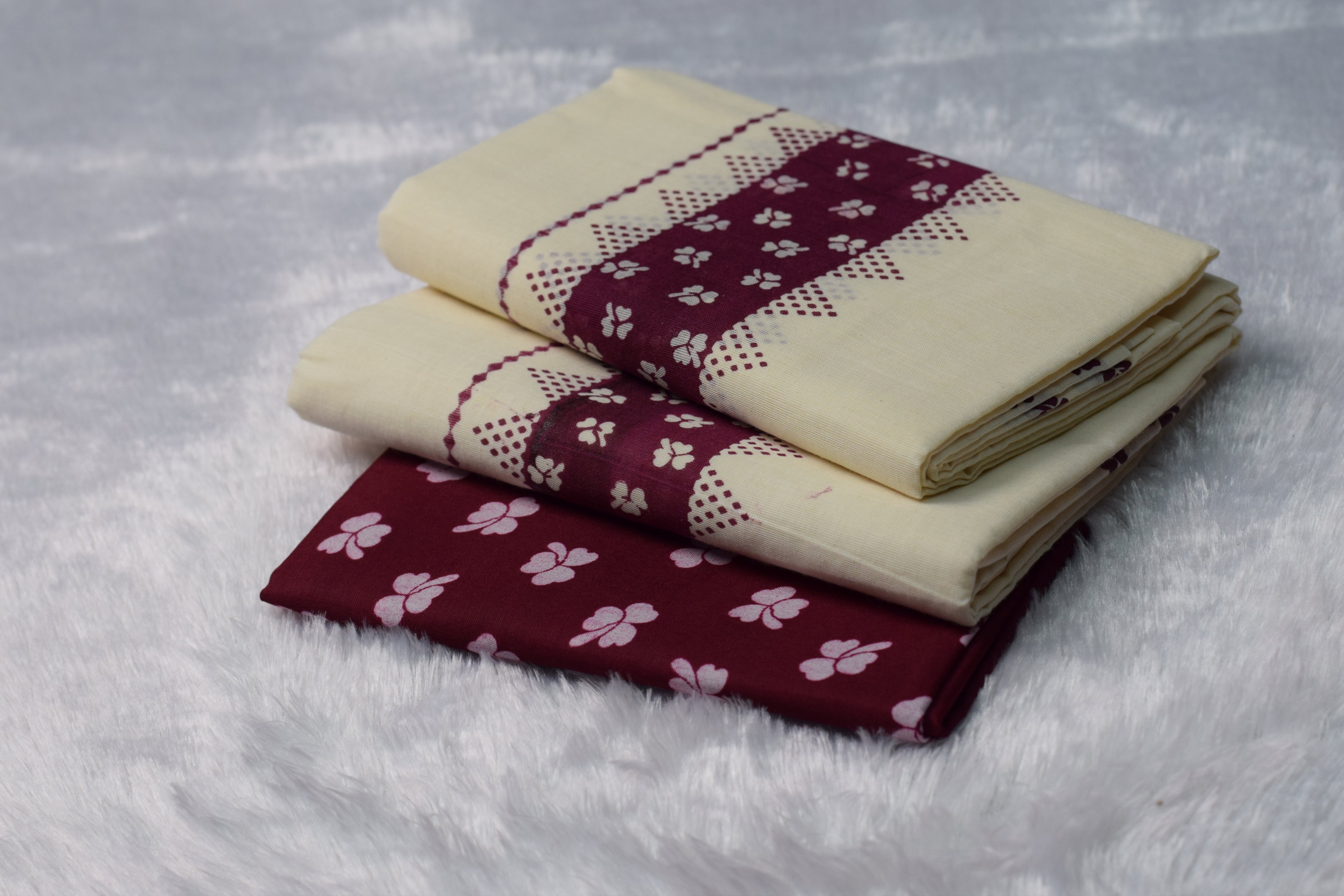 Cream & Maroon Printed Cotton set mundu with blouse- Contrast Blouse Piece - Main Product Image - Cotton Printed - Nushio