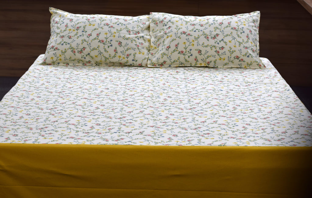 King Size Floral Vine Bedsheet Set with Mustard Border –  Elegant Bedding