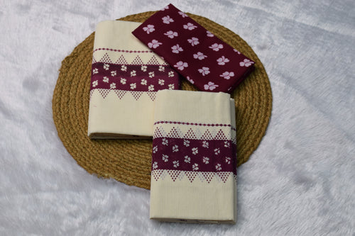 Cream & Maroon Printed Cotton set mundu with blouse- Contrast Blouse Piece - View 2 - Cotton Printed - Nushio