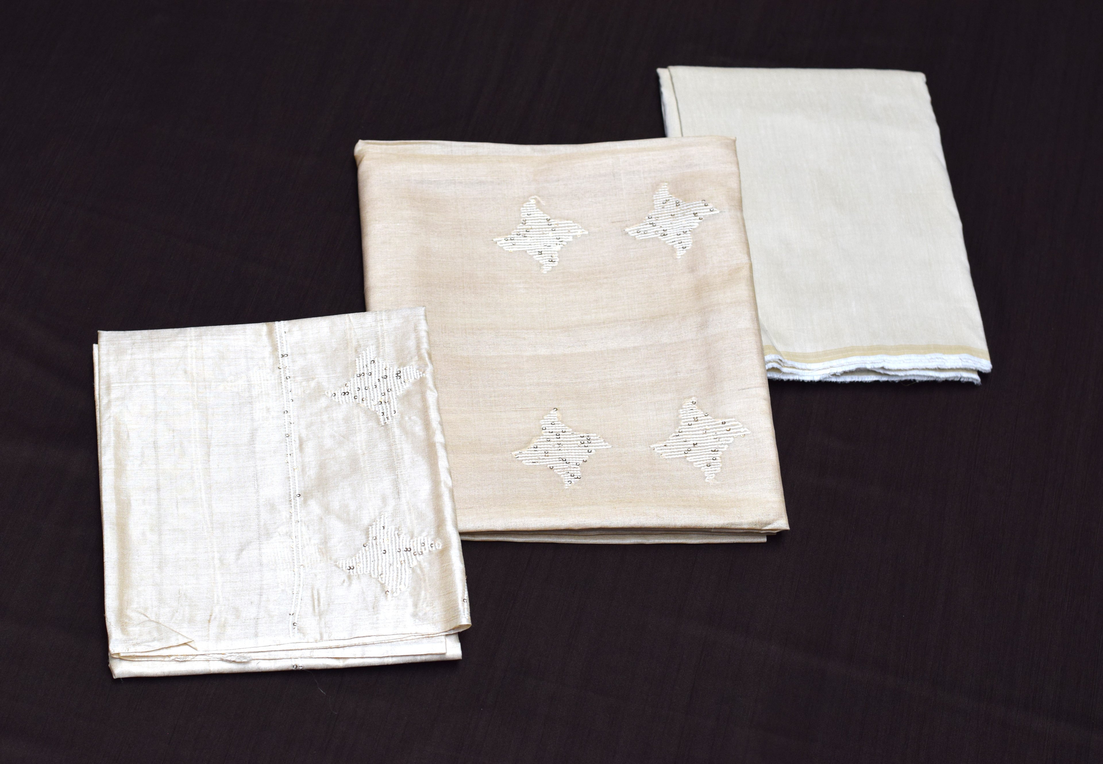 Elegant Ivory Tussar Silk Churidar Material Set with Sequins Work