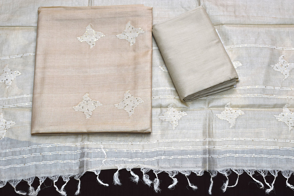 Elegant Ivory Tussar Silk Churidar Material Set with Sequins Work
