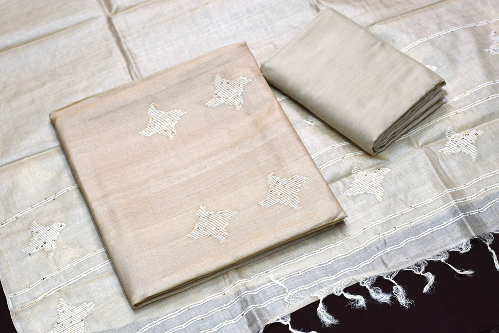 Elegant Ivory Tussar Silk Churidar Material Set with Sequins Work