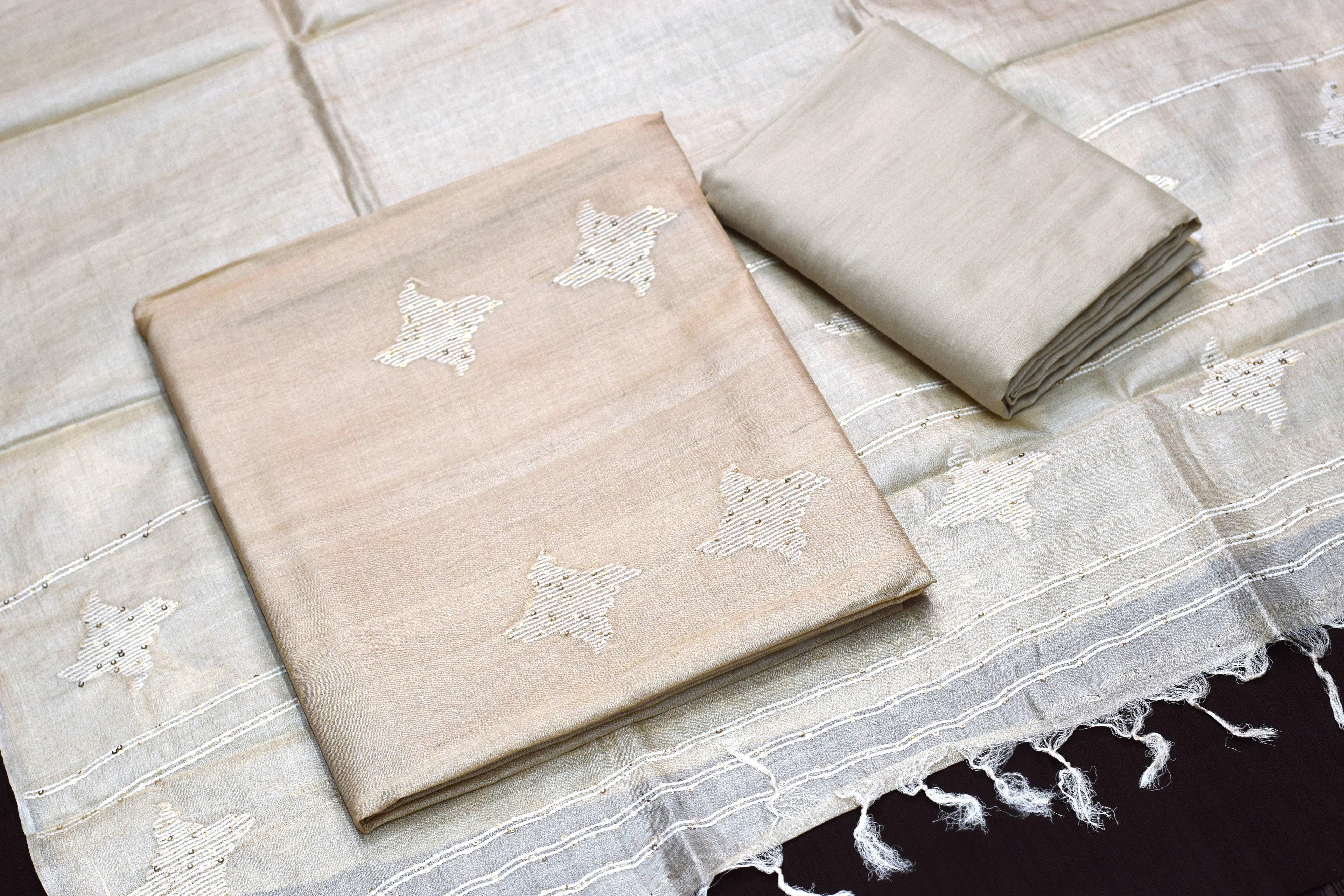 Elegant Ivory Tussar Silk Churidar Material Set with Sequins Work