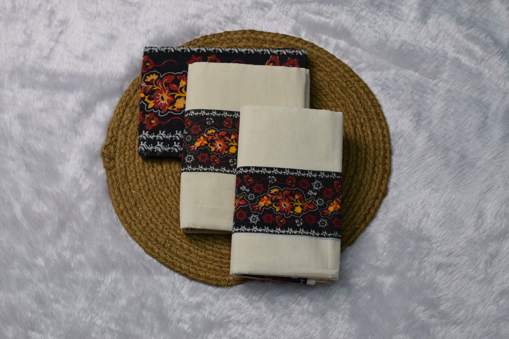 Cream set mundu with blouse- Black Floral Printed Border - Main Product Image - Floral Printed - Nushio