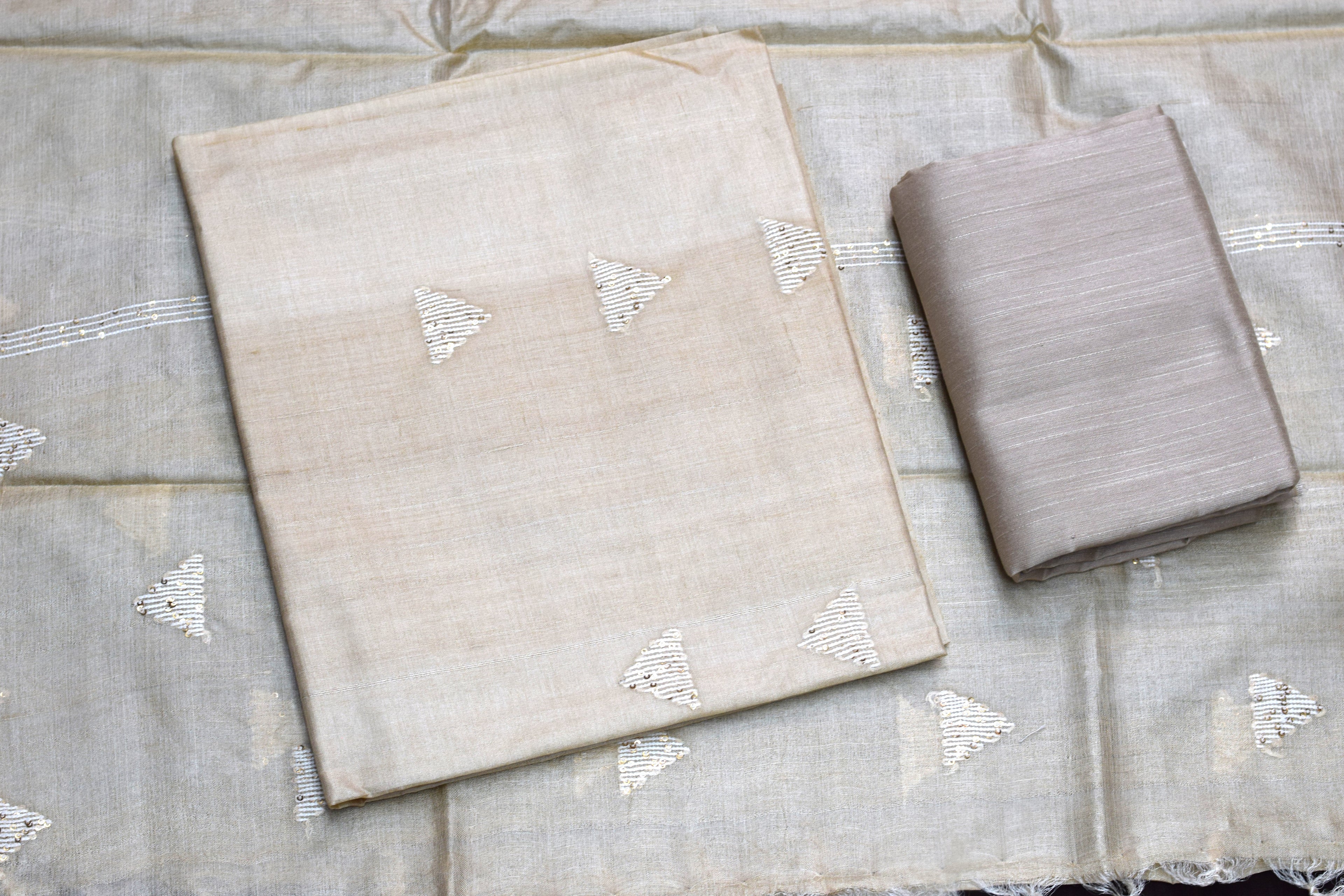 Elegant Beige Tussar Silk Churidar Material Set with Sequin Embroidery