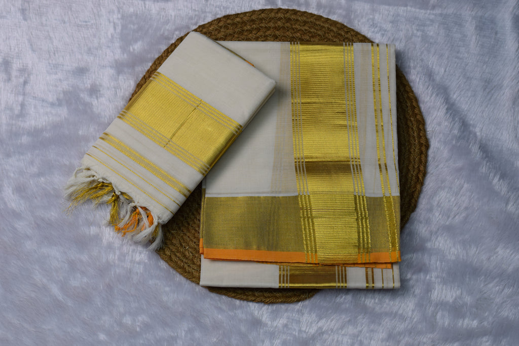 Off-White Kerala set mundu with Golden Zari Border - View 2 - Nushio