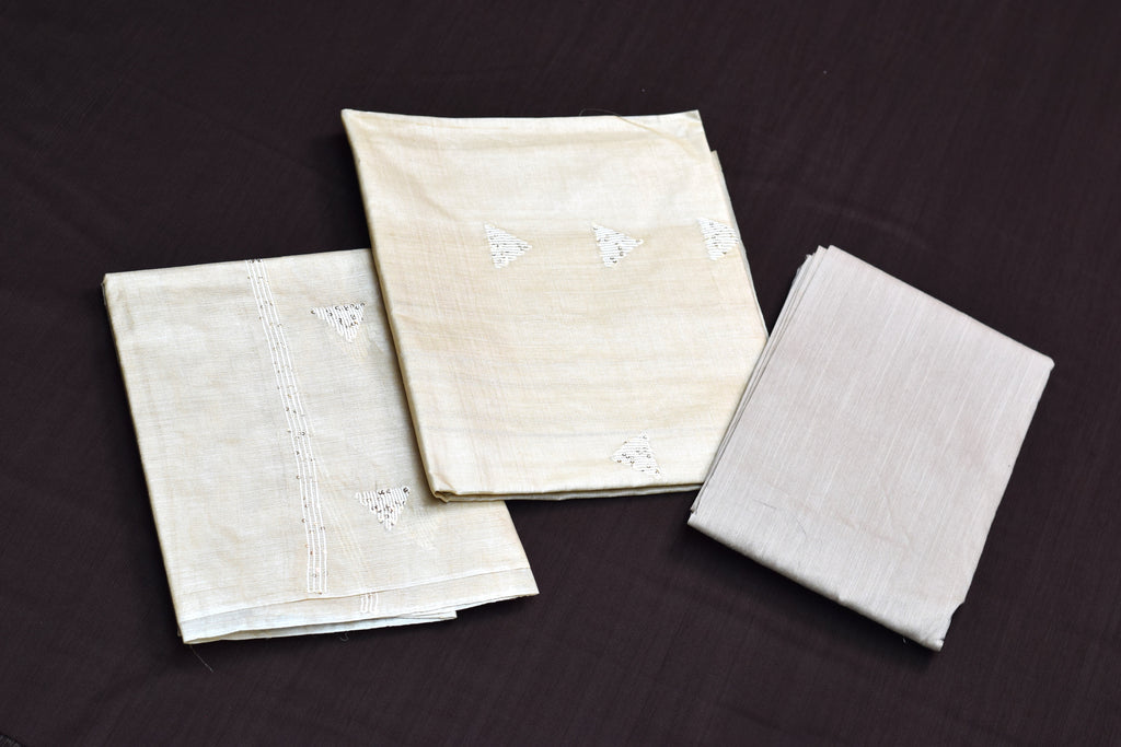 Elegant Beige Tussar Silk Churidar Material Set with Sequin Embroidery