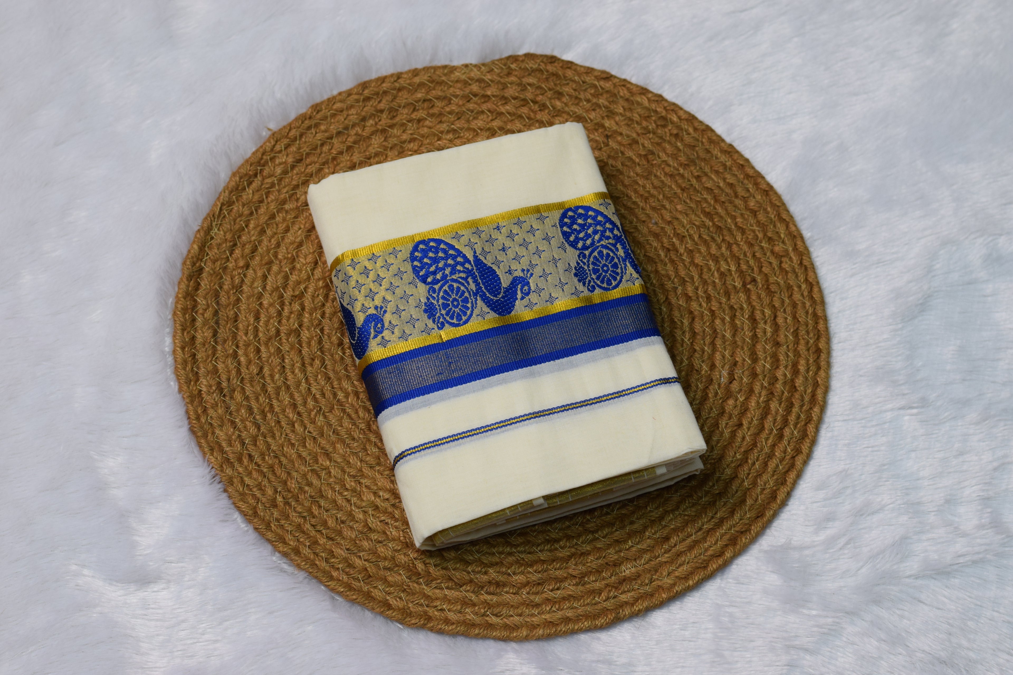 Handwoven Kerala Mundu Set with Traditional Peacock Design - View 3 - Nushio