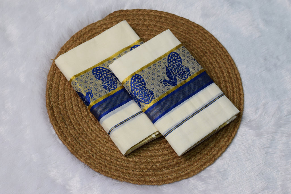 Handwoven Kerala Mundu Set with Traditional Peacock Design - Main Product Image - Nushio
