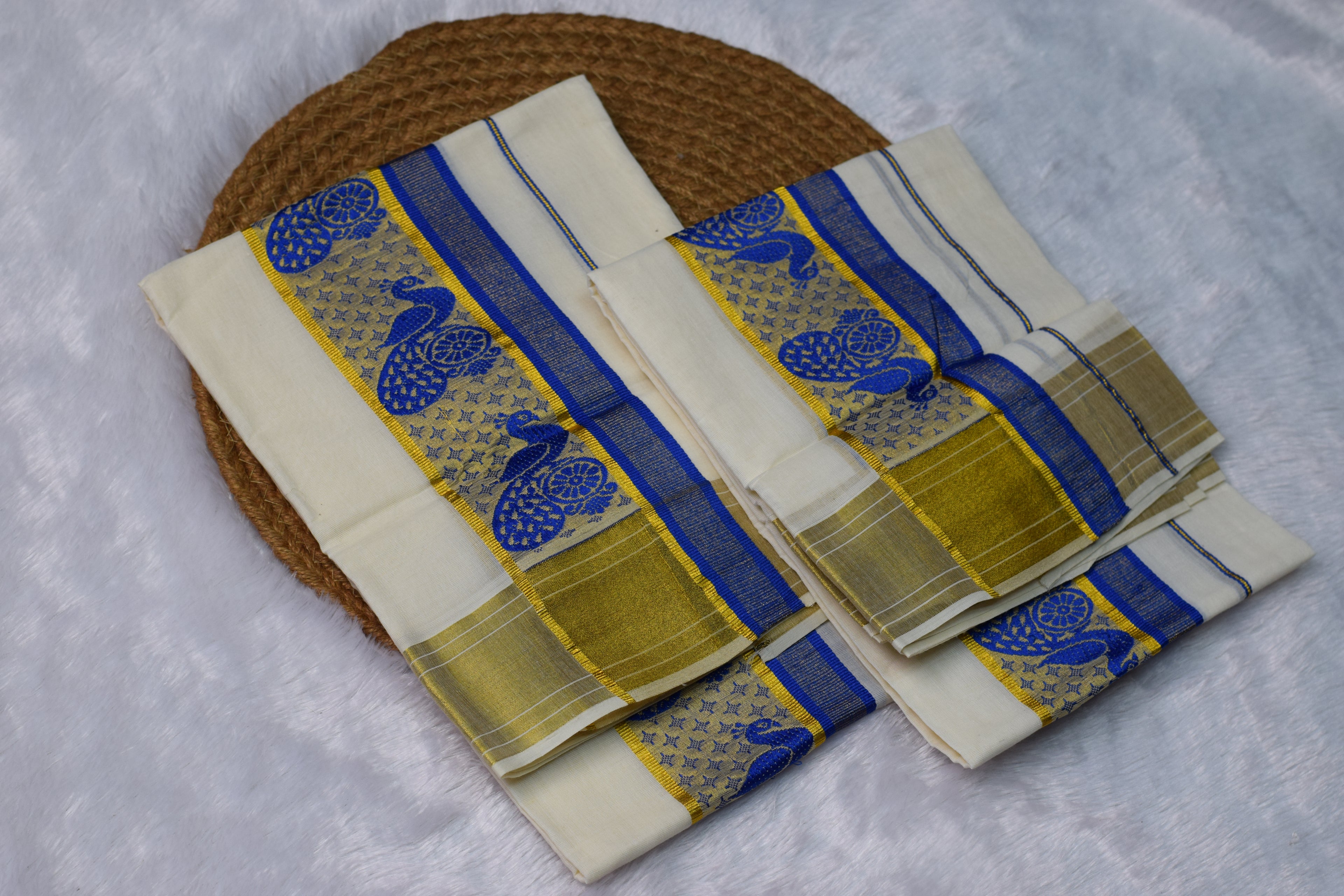 Handwoven Kerala Mundu Set with Traditional Peacock Design - View 2 - Nushio