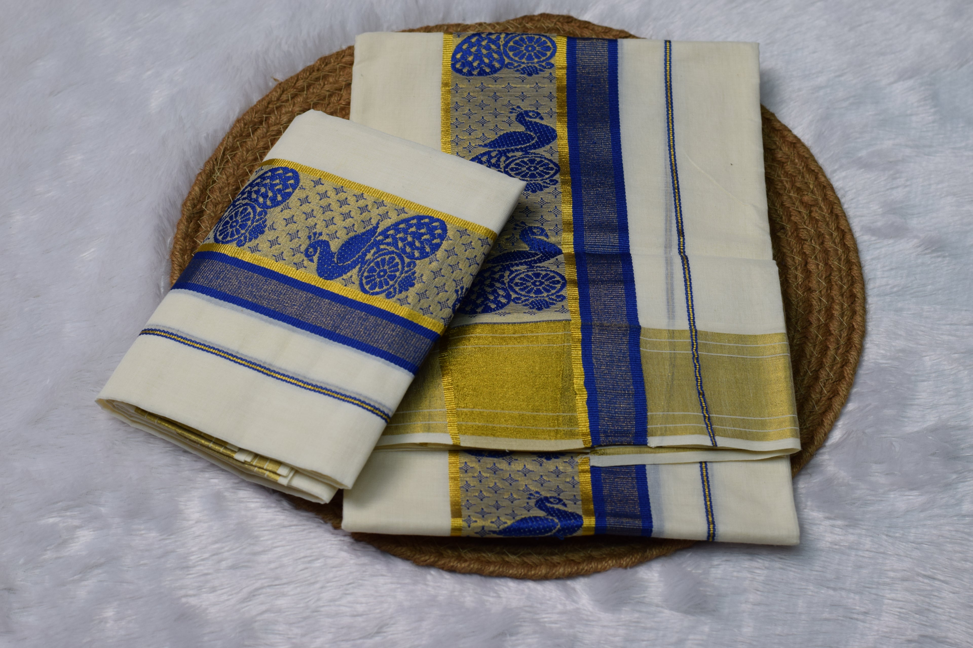 Handwoven Kerala Mundu Set with Traditional Peacock Design