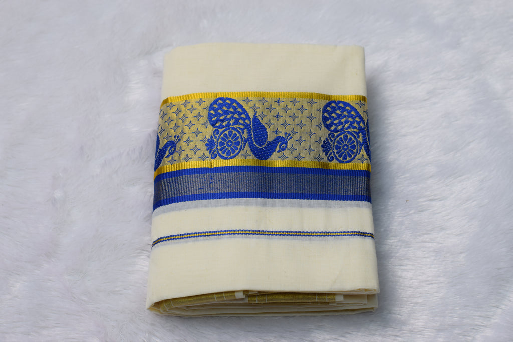 Handwoven Kerala Mundu Set with Traditional Peacock Design