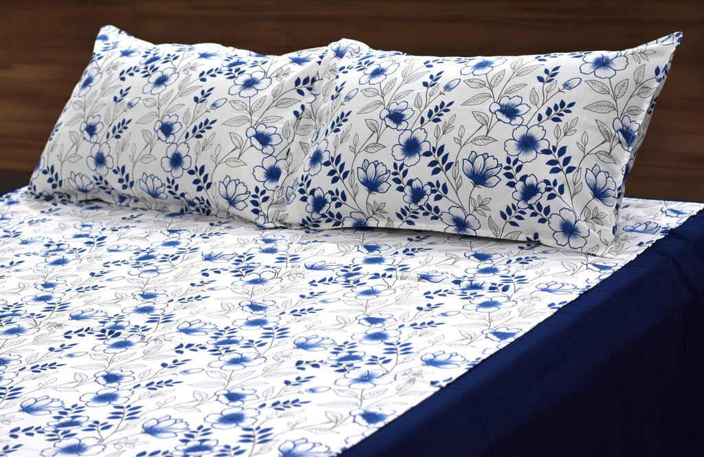 Royal Blue Floral King Size Bedspread Set with 2 Pillow Covers | Elegant Cotton Blend Bedding