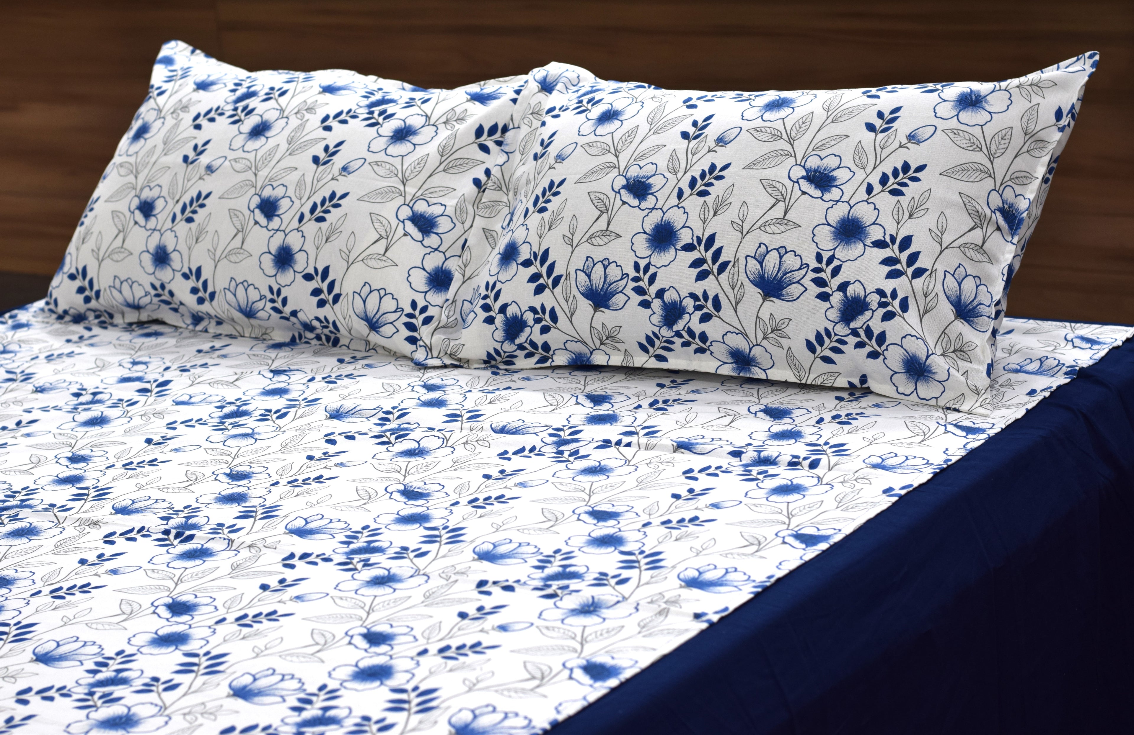 Royal Blue Floral King Size Bedspread Set with 2 Pillow Covers | Elegant Cotton Blend Bedding