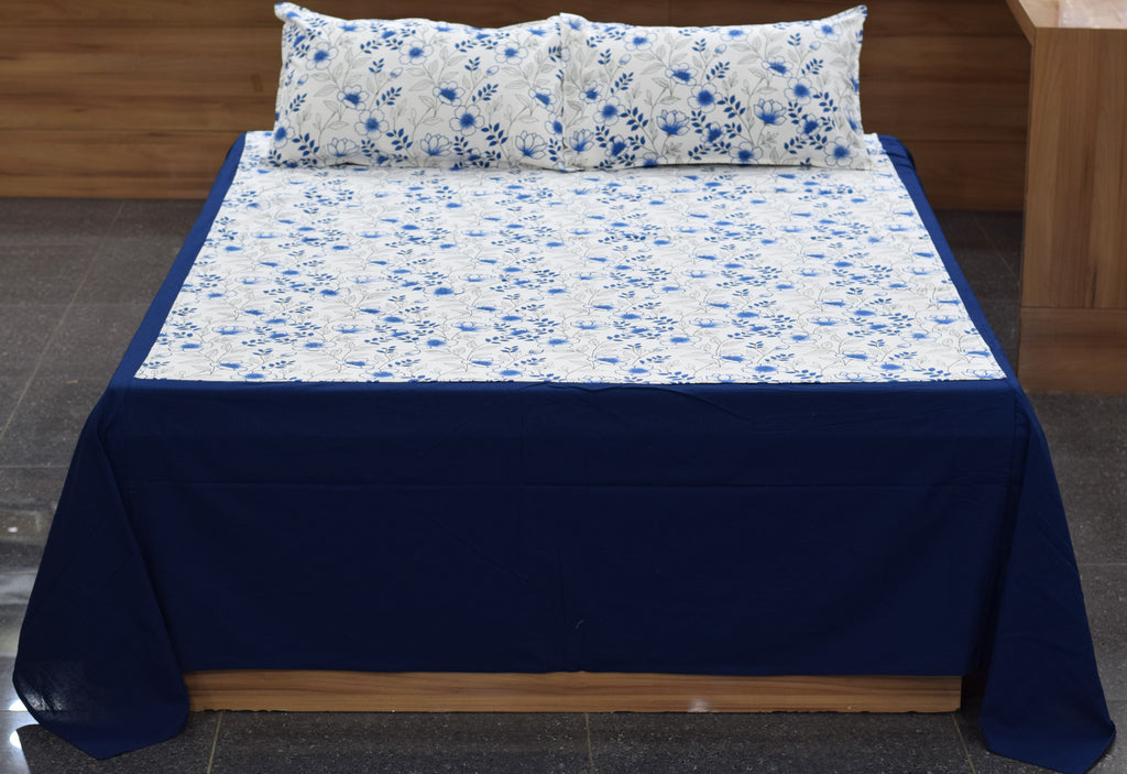 Royal Blue Floral King Size Bedspread Set with 2 Pillow Covers | Elegant Cotton Blend Bedding