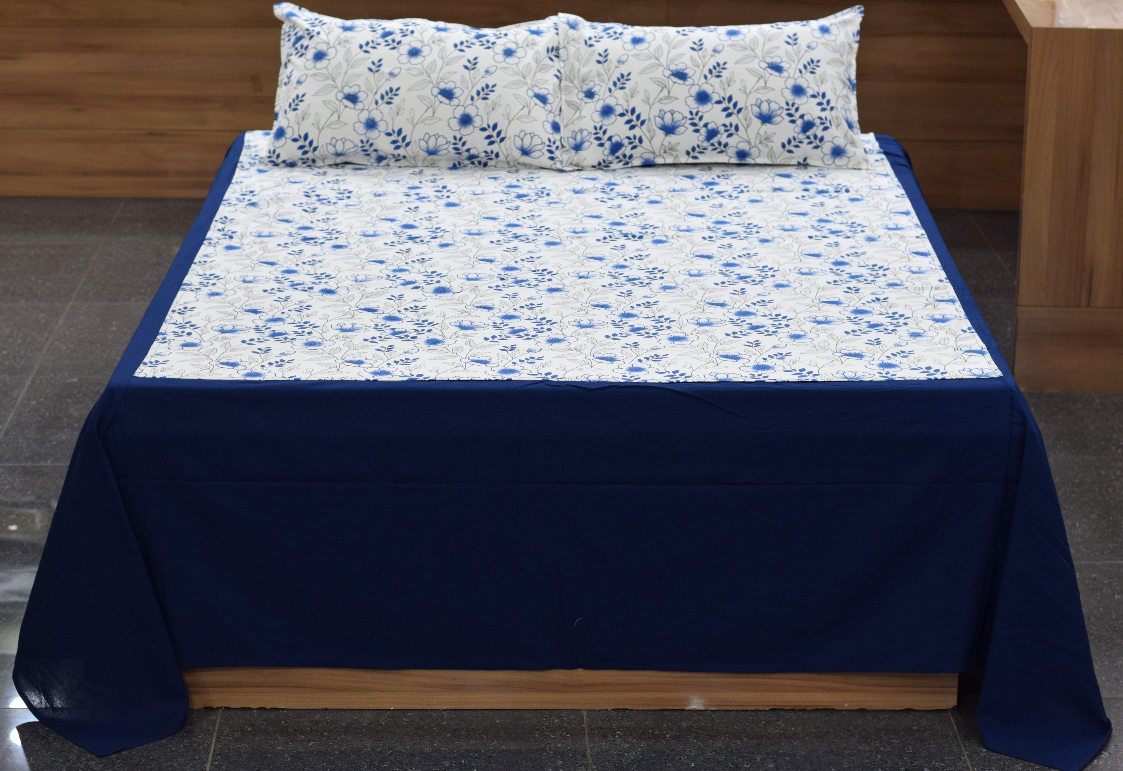 Royal Blue Floral King Size Bedspread Set with 2 Pillow Covers | Elegant Cotton Blend Bedding