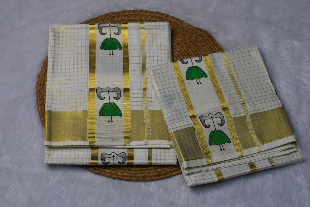 Traditional Kerala Set Mundu with Golden Kasavu Border & Classic Motif Design