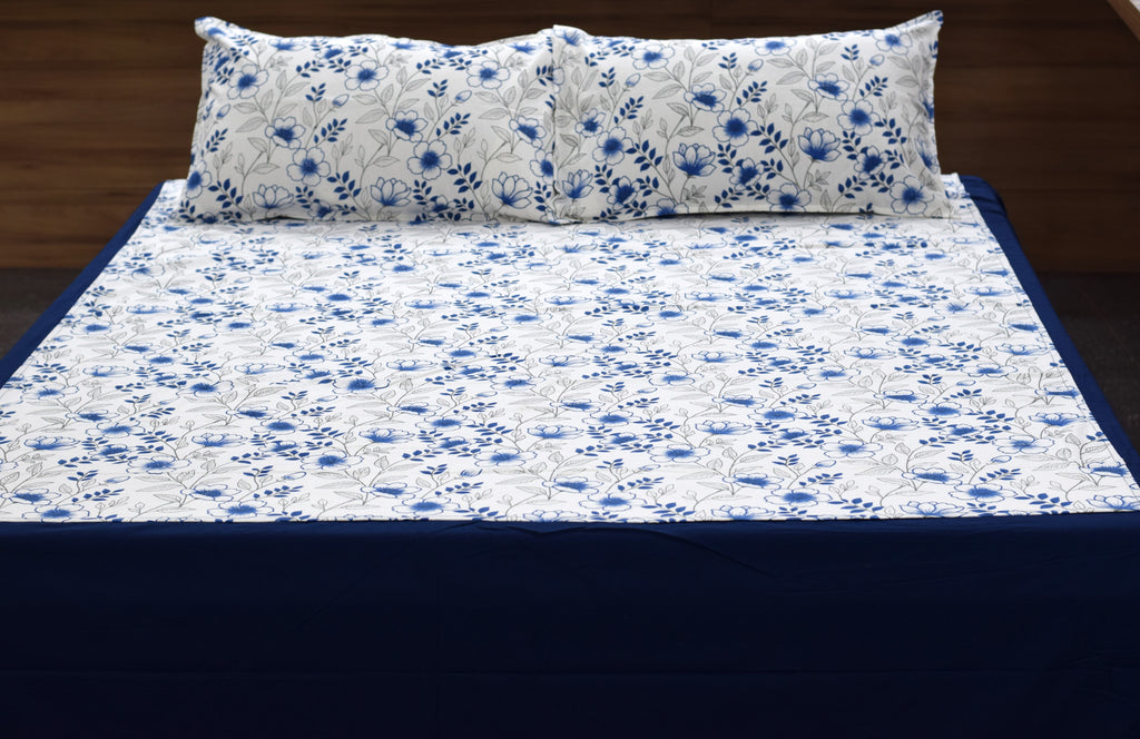 Royal Blue Floral King Size Bedspread Set with 2 Pillow Covers | Elegant Cotton Blend Bedding