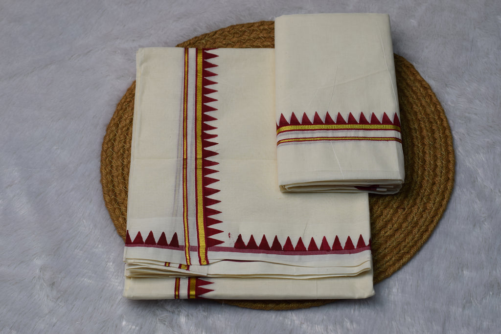 Kerala Traditional Kasavu Set Mundu with Red & Gold Border - View 2 - Nushio