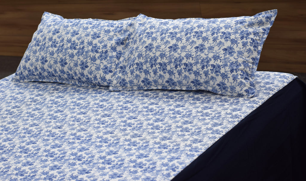 King Size Blue Floral Bedspread with 2 Pillow Covers | Elegant Cotton Blend Bedding Set