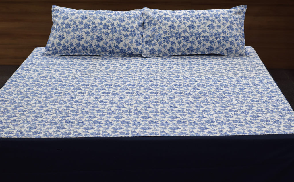 King Size Blue Floral Bedspread with 2 Pillow Covers | Elegant Cotton Blend Bedding Set