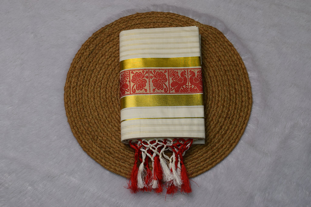 Kerala Kasavu Set Mundu with Red Floral Jacquard Border & Golden Zari