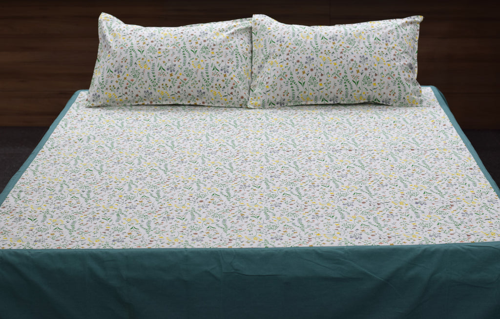 Queen Size Floral Bedspread Set with 2 Pillow Covers |  Cotton Feel | White & Sage Green Botanical Print