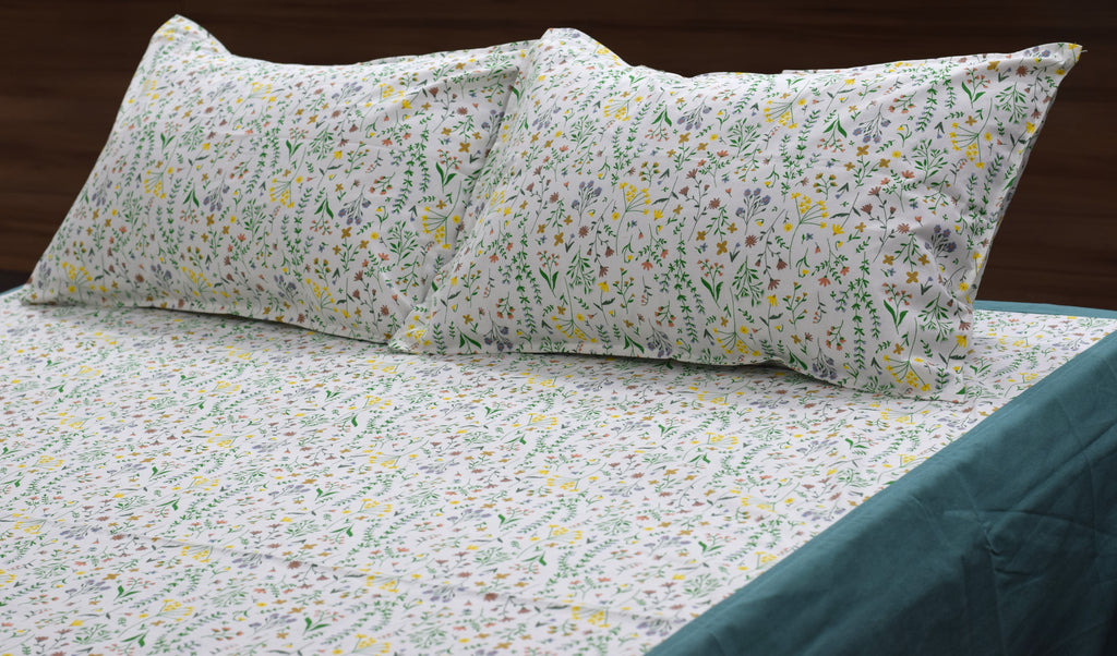 Queen Size Floral Bedspread Set with 2 Pillow Covers |  Cotton Feel | White & Sage Green Botanical Print