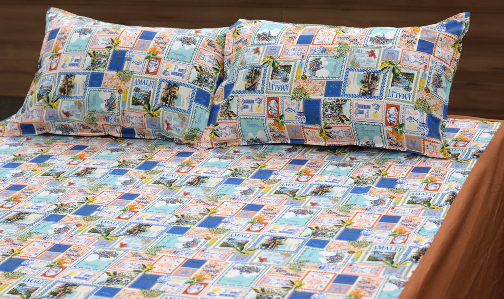 Rustic Travel Patchwork King Size Bedsheet with Pillow Covers