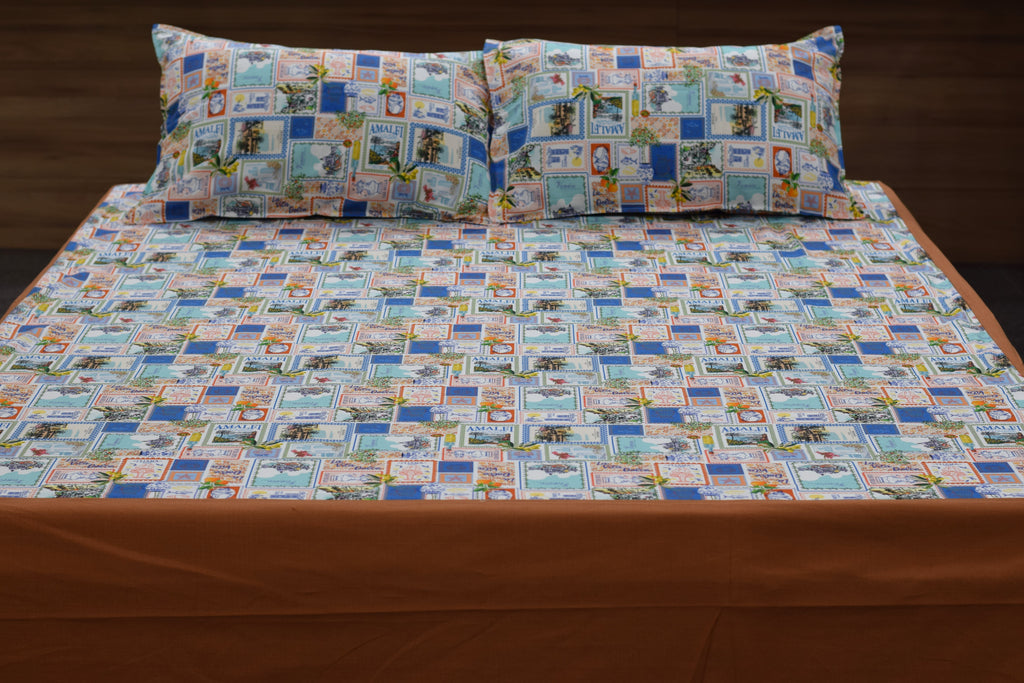 Rustic Travel Patchwork King Size Bedsheet with Pillow Covers