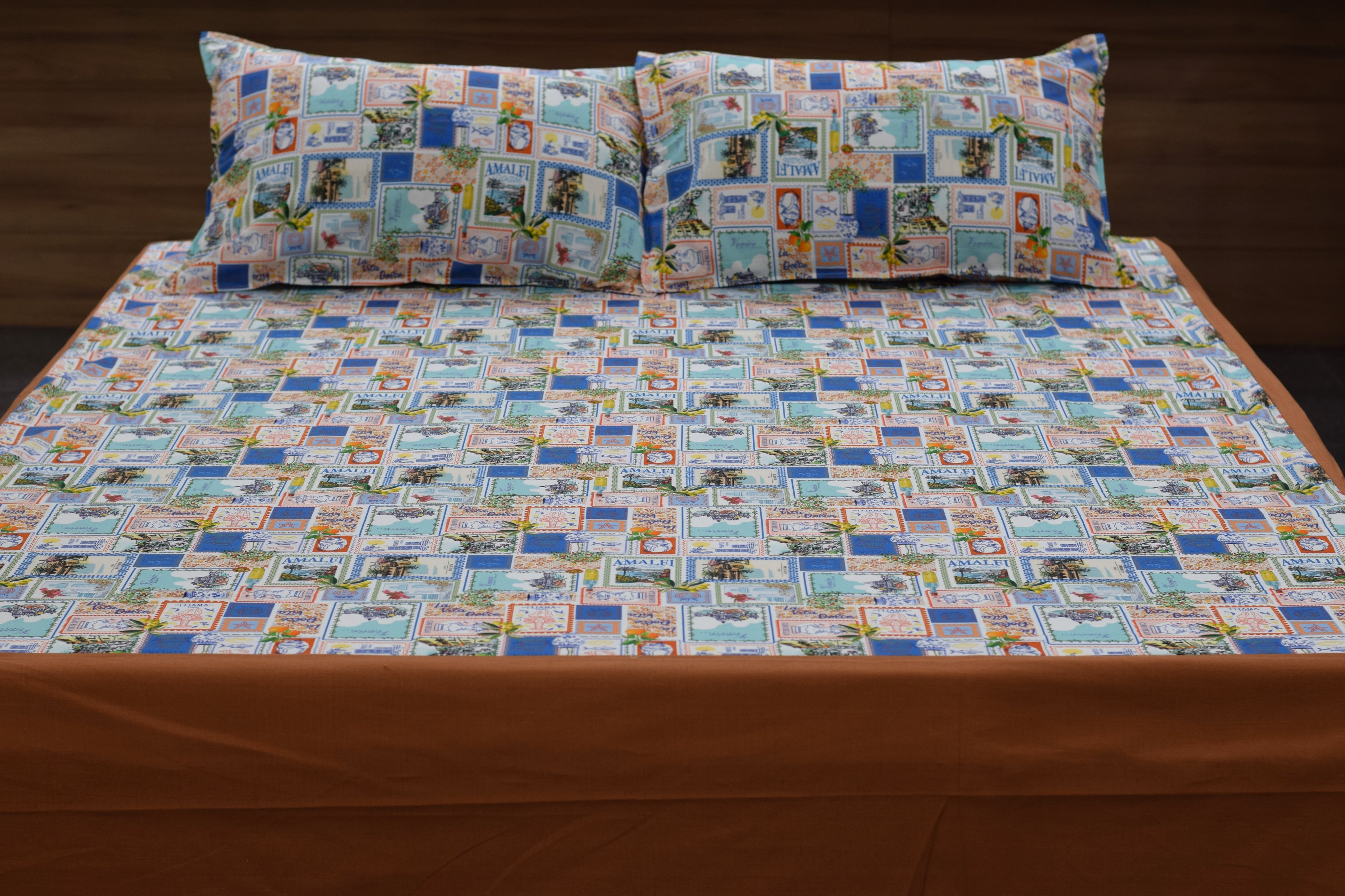 Rustic Travel Patchwork King Size Bedsheet with Pillow Covers