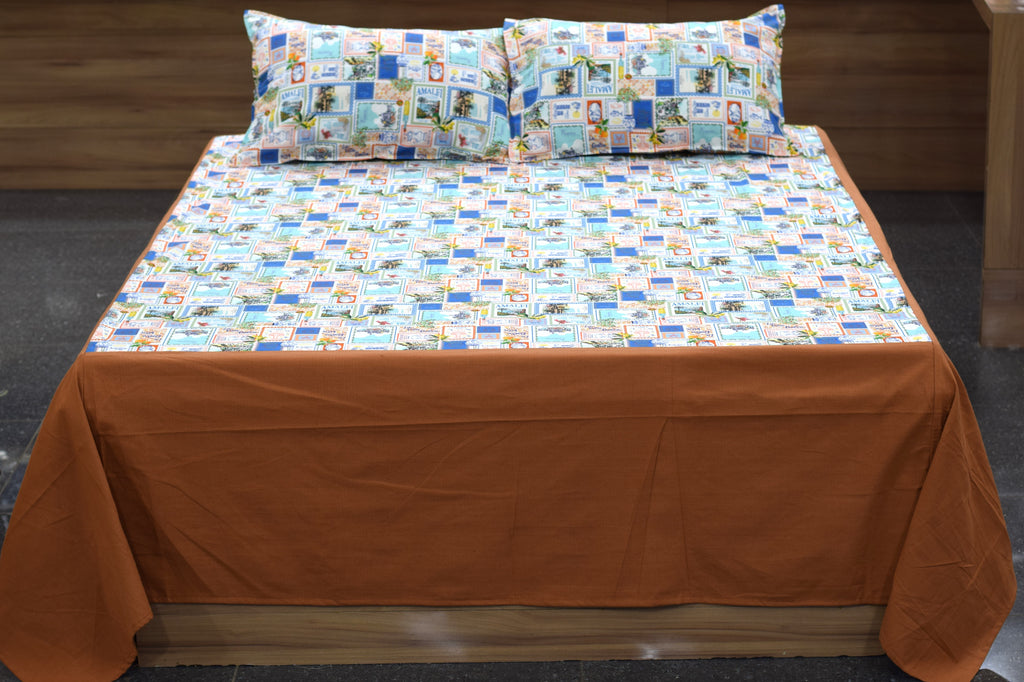 Rustic Travel Patchwork King Size Bedsheet with Pillow Covers