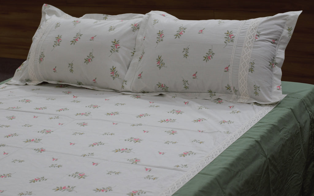 Premium Floral Cotton Bedspread with 2 Pillow Covers | White & Sage Green | 94 x 104 Inches