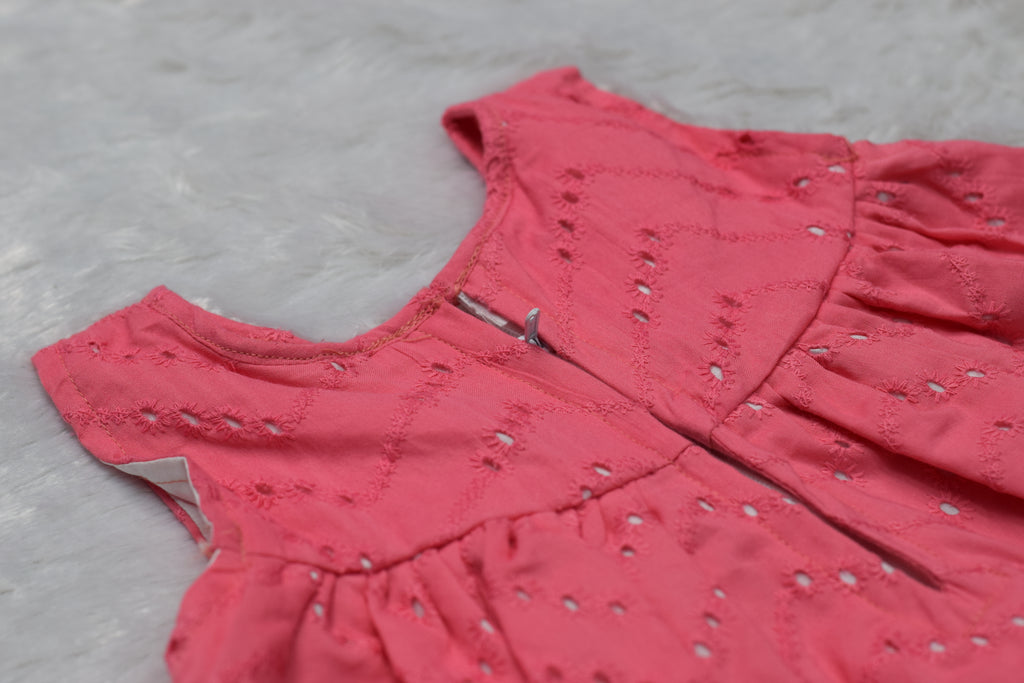 Girls Coral Pink Embroidered Cotton Frock
